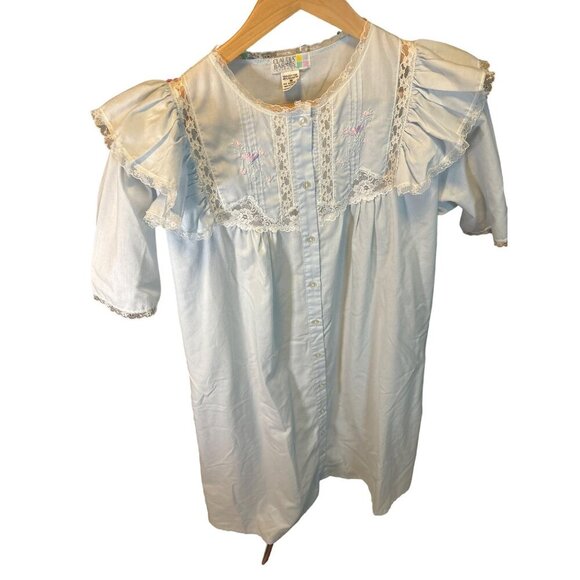 Vintage Claudia Barnes Nightgown Ruffled Lace Smocking Blue Button Front Size M - Picture 4 of 10